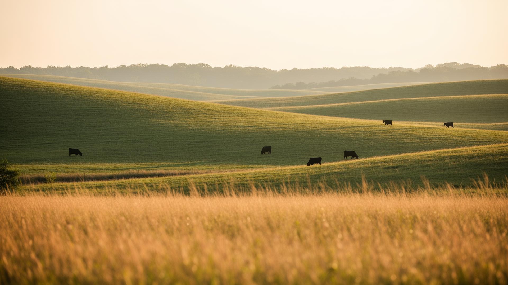 Cattle grazing on rolling Oklahoma pasture at golden hour